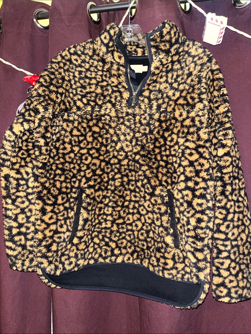 Time and Tru Leopard Print Teddy Quarter-Zip Jacket - Tan & Black